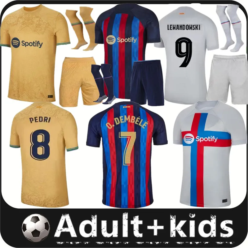 22 23 Lewandowski Pedri Soccer Jersey Adama Gavi Camiseta de Futbol R. Araujo 2022 2023 Barcelone FC ANSU FATI MEMPHIS DEST FOOTBALL FOOTBOY Men Kid Kit Socks