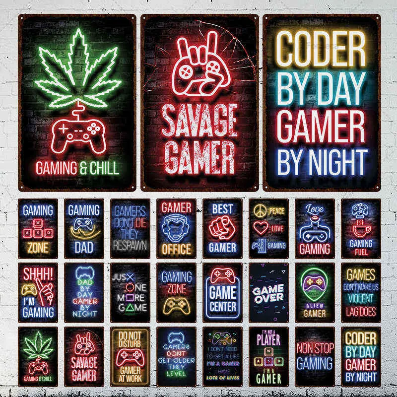 Autres accessoires de mode Peinture en métal Rétro Tin Sign Neon Art Gamer Boy Jouant à des jeux Manger Peinture Maison Salon Décor Unique Panneau En Métal T220829