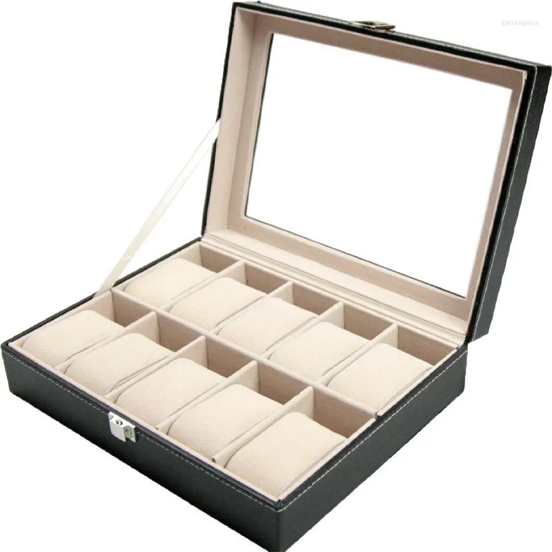 Watch Boxes Leather Storage Organizer Box Black Case Coffin 10 Slots Display Cabinet Luxury Gift