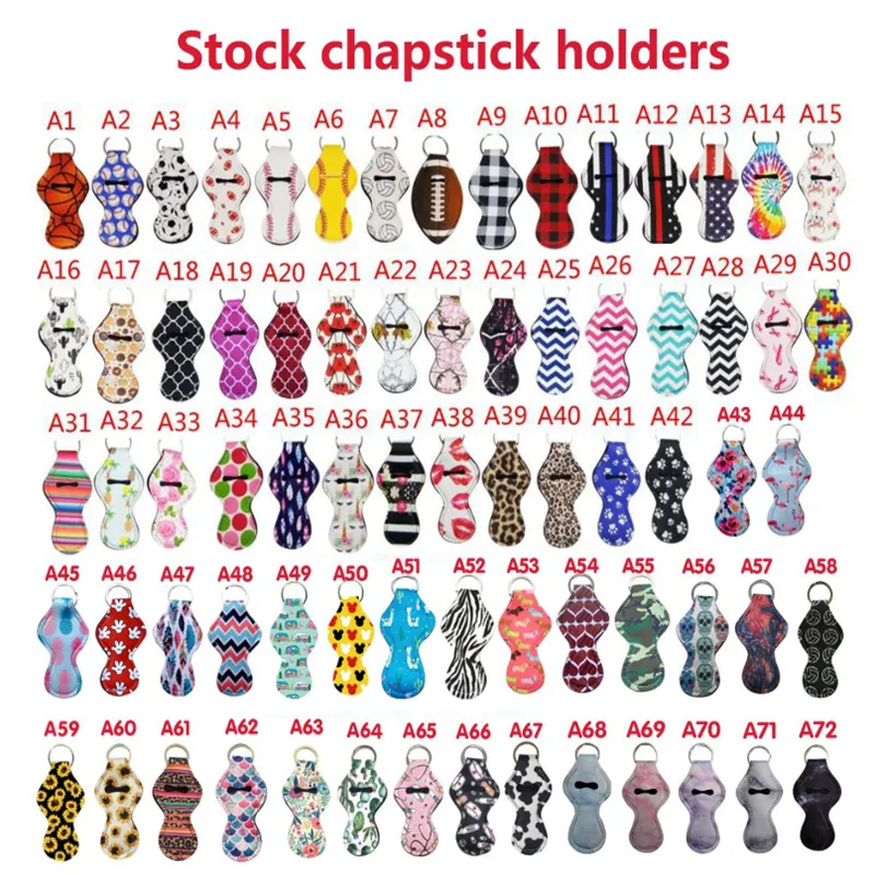 Neoprene Keychain Sports Printed Chapstick Holder Leopard Keychain Wrap Lipstick Holders Lip Cover Party Favor Gift 61 Designs ST469
