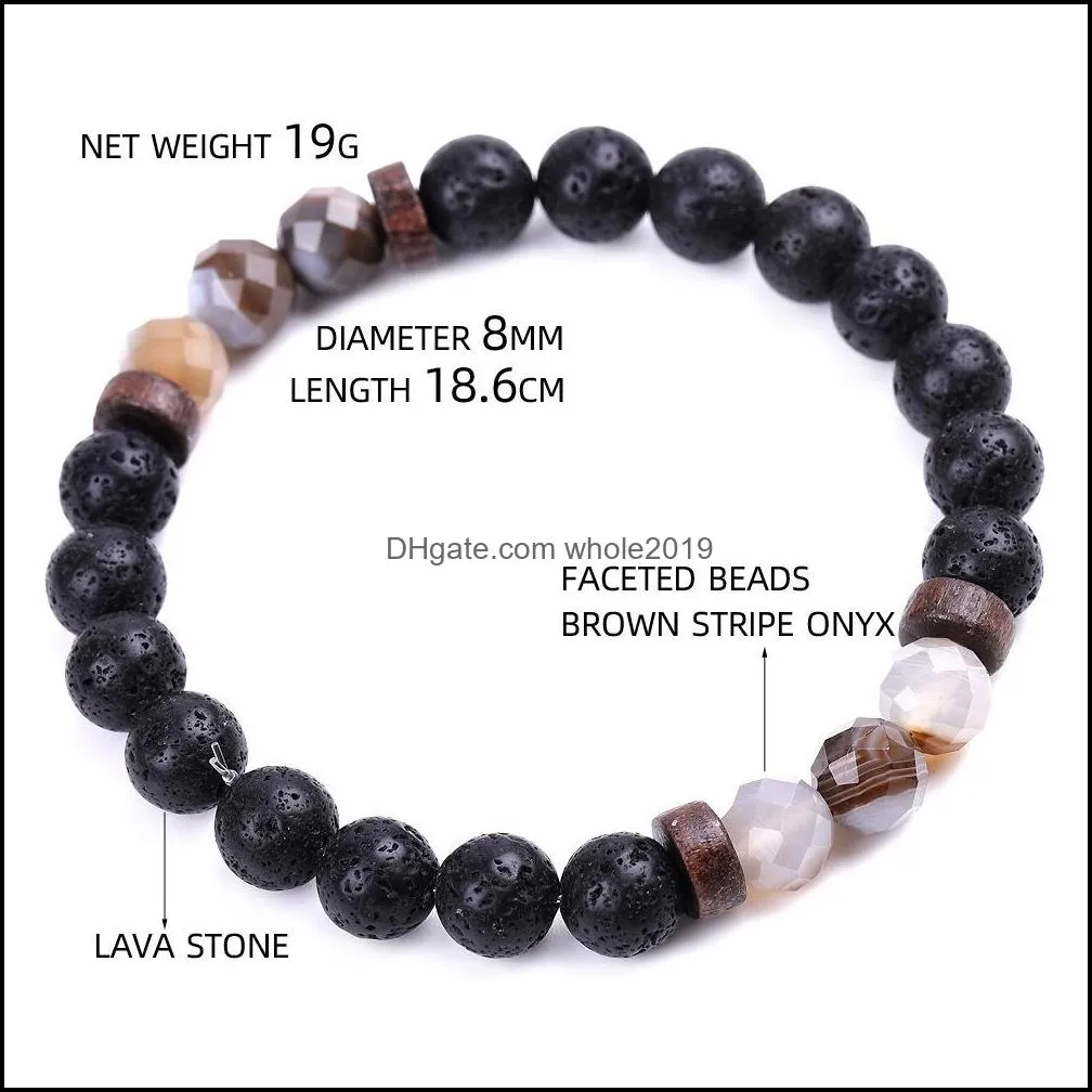 Bracelets de charme Hommes Bracelet Facettes Pierre Naturelle En Bois Perlé 8Mm Oeil De Tigre Spectrolite Bouddha Perles De Lave Soutien-Gorge Extensible Dhseller2010 Dhhnd