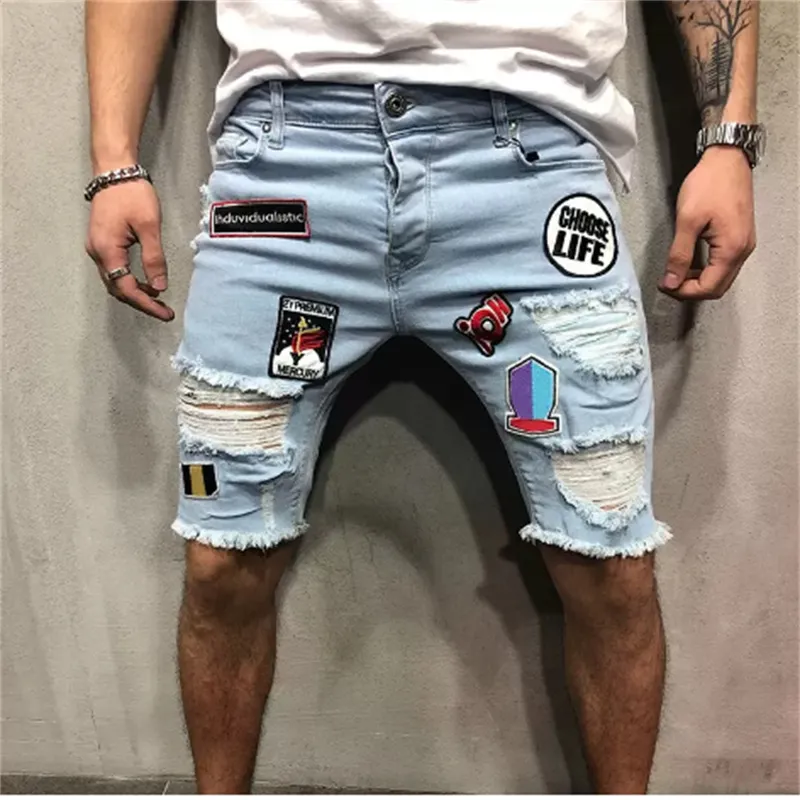 Mäns jeans stora höga män avslappnad fit mode casual rak hål spänne dragkedja denim shorts byxor byxor