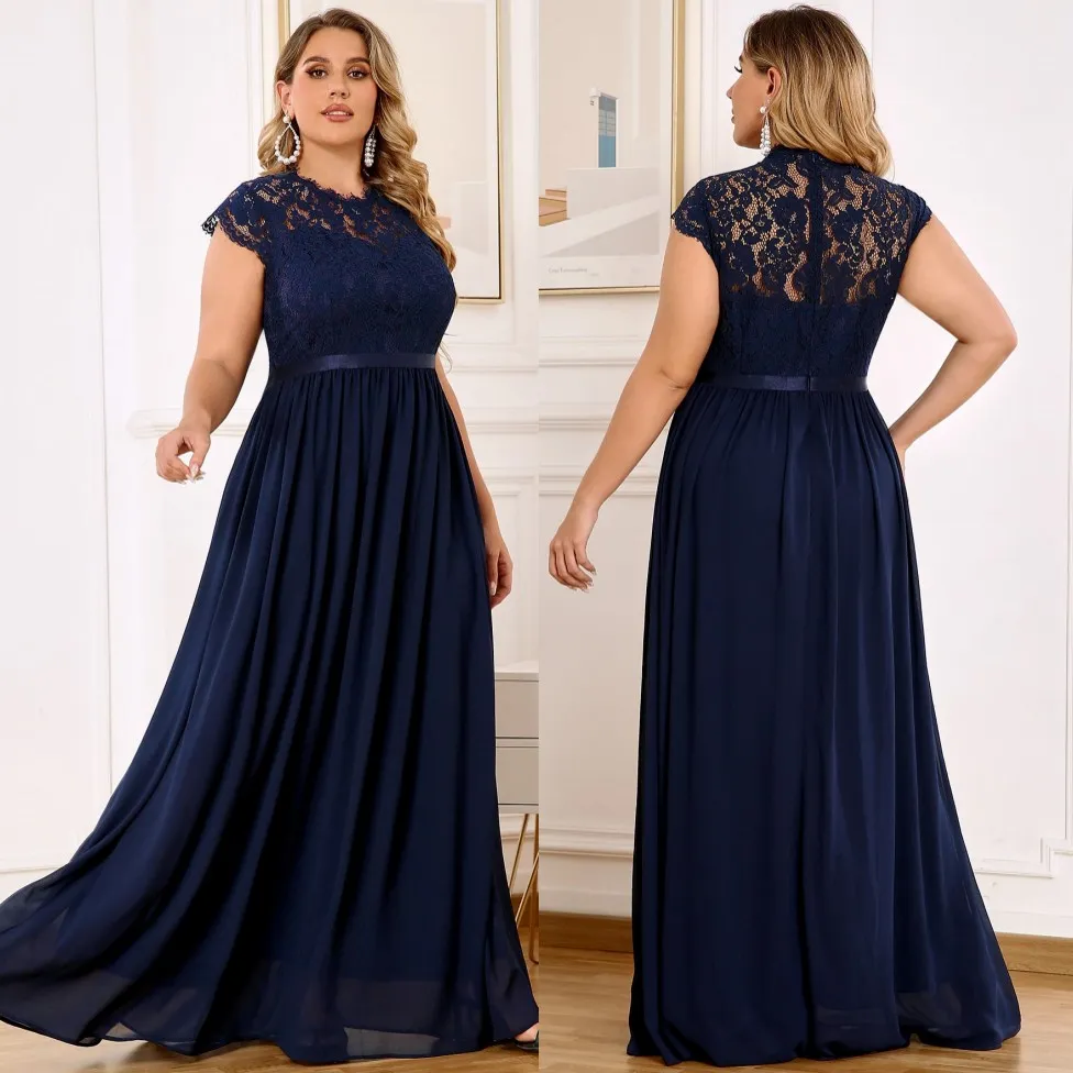 Plus Size Bridesmaid Dresses Navy Blue Lace Jewel Neck Chiffon