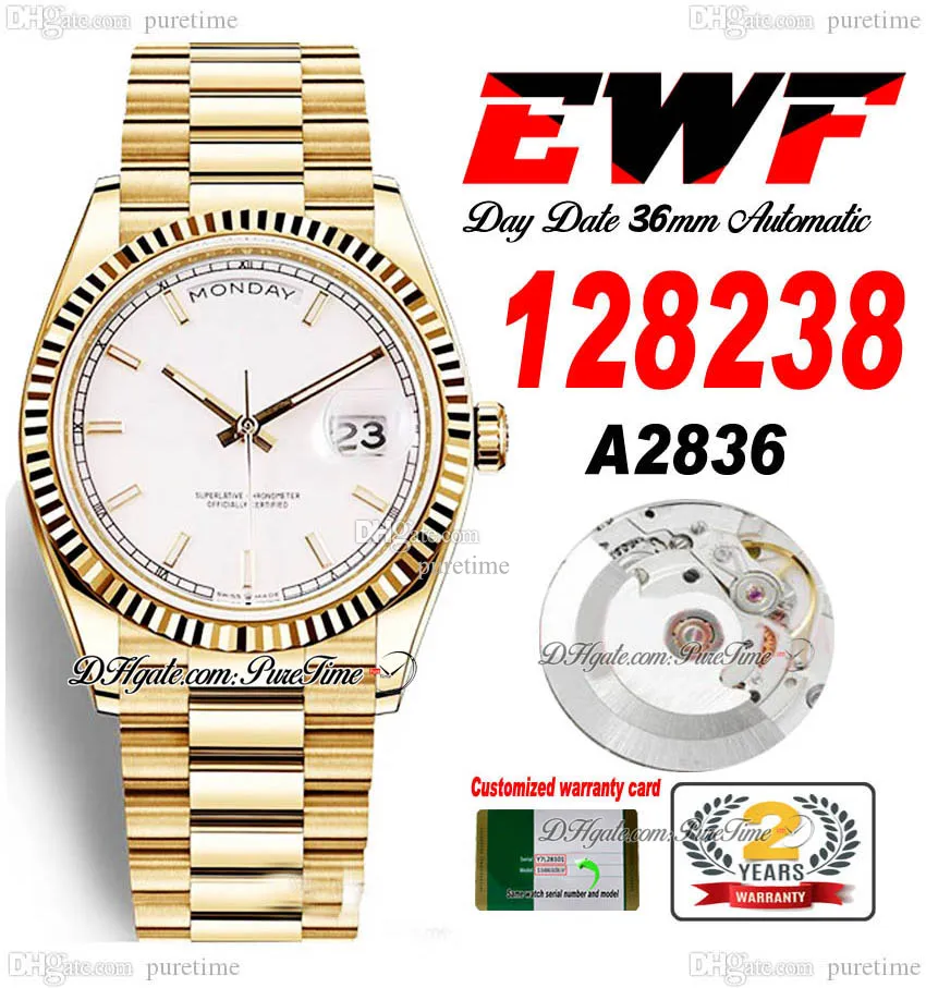 День EWF Дата 118238 A2836 Автоматические унисекс-часы мужские женщины 36 мм желтого золота белый набор