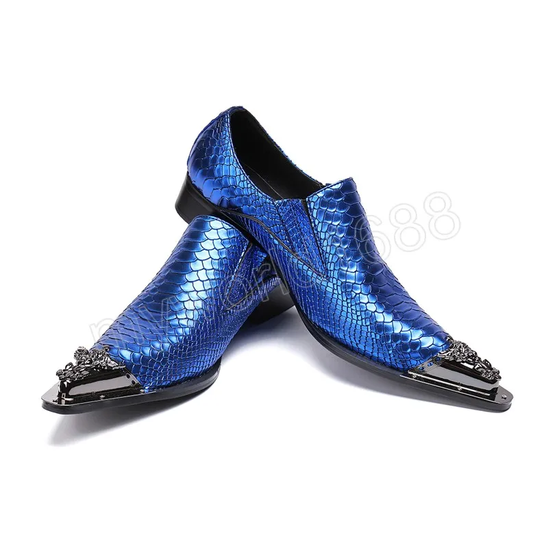 Bleu hommes en cuir véritable chaussures en métal bout pointu fête Club chaussures habillées mode homme d'affaires chaussure grande taille