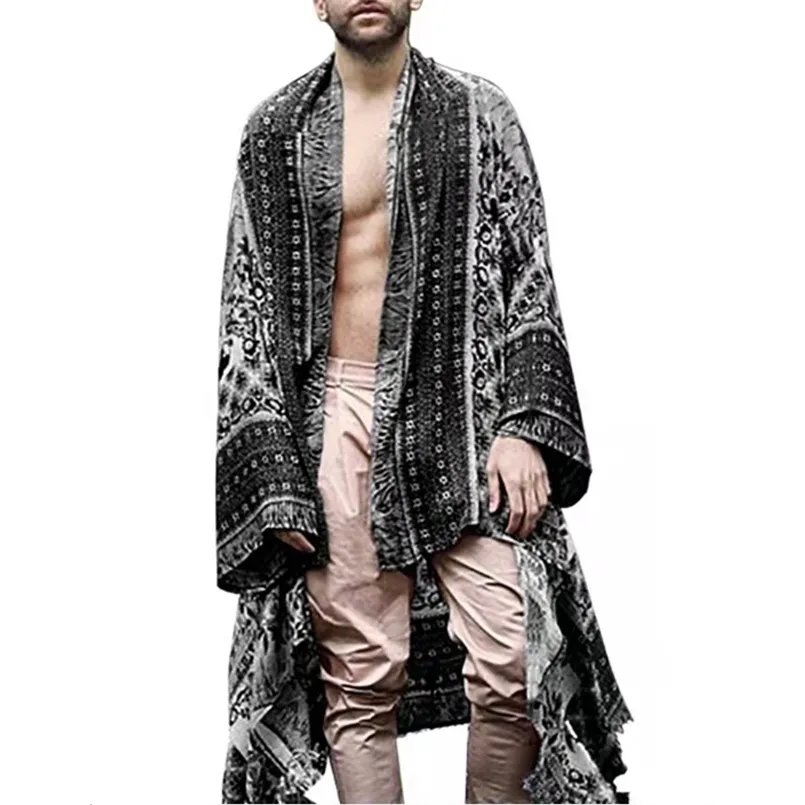 Erkek trençkotları moda panço erkekler gevşek vintage etnik desen kıyafetleri bahar sonbahar orta uzunluk uzun kollu ceket açık hırka pelerin 220829