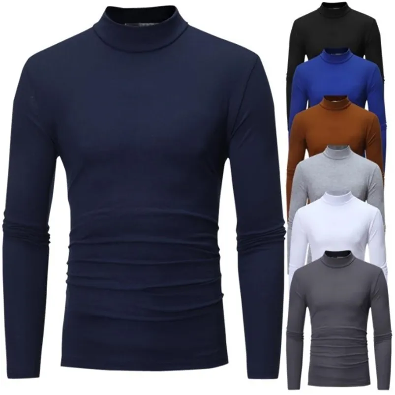 Herrtröjor Turtleneck för fast färg Slim Elastic Thin Pullover Spring Autumn Underwear Knitting Blue Base Tshirt Top 220830