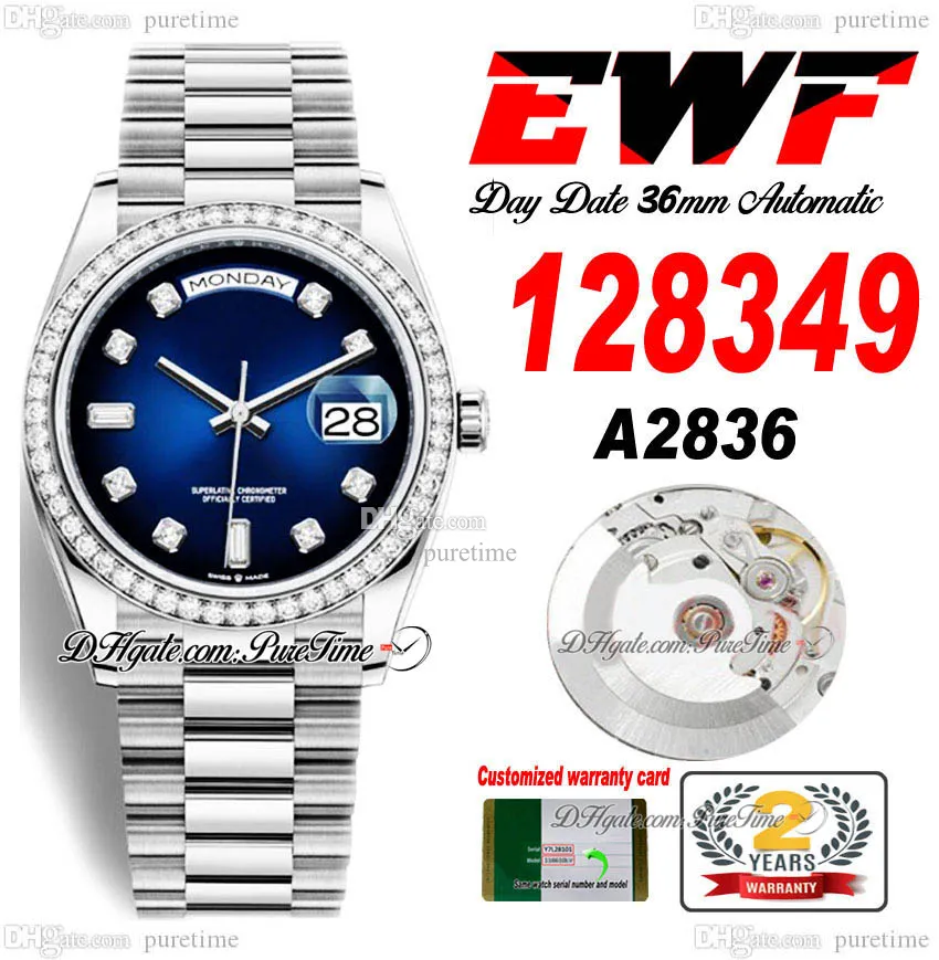 EWF Day Date 128349 A2836 Automatic Unisex Watch Mens Ladies Diamonds Bezel D-Blue Diamond Dial Presidential Bracelet Same Serial Card Super Edition Puretime A1