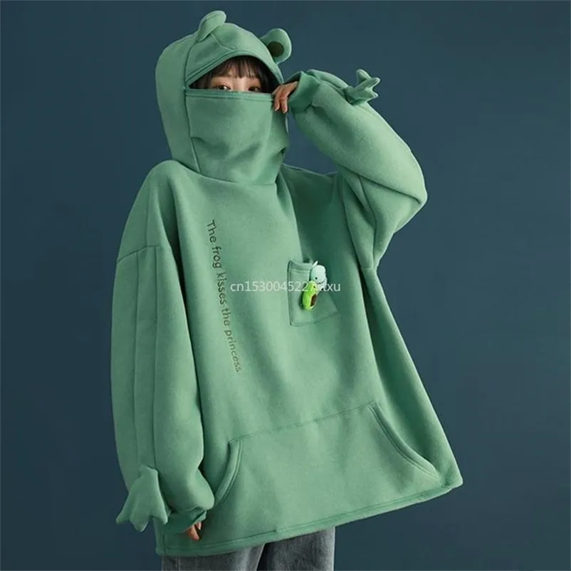 Giacche da donna Felpa con cappuccio unisex con cerniera rana Foderata in pile Felpa oversize con ricamo primaverile Harajuku Pullover caldo Stile coreano Dropship 220830