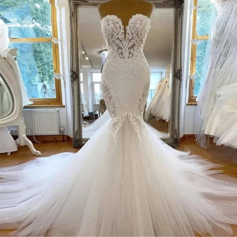 Arabe Dubaï Robes De Mariée Sirène, Plus La Taille Perles Robes De Mariée Sans Manches En Dentelle De Cristal Appliqué Paillettes Robes De Novia