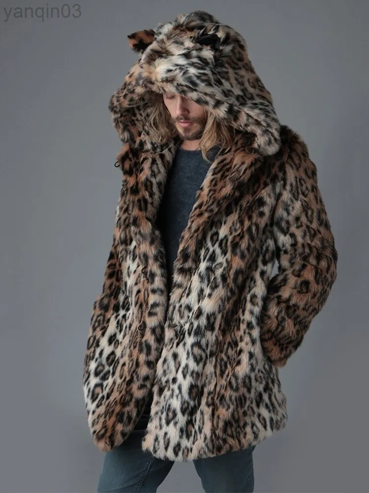 Heren bont mannen jas winter dikke tijger oren lange mouwen warme mouwen warme capuchon bovenkleding luxe bont jas mode luipaard bont jas heren l220830