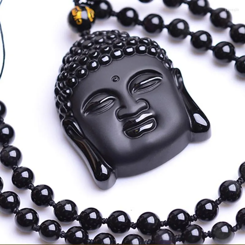 Подвесные ожерелья натуральная черная обсидианская резная голова Будды с бусин