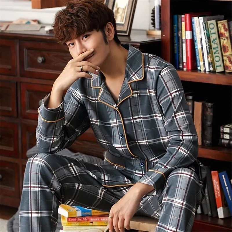 Pijama de roupas de sono masculina estabeleceu tamanho xadrez pjs de mangas compridas de mangas compridas para homem para homem de algodão macio Sleep Lounge Use terno 220830