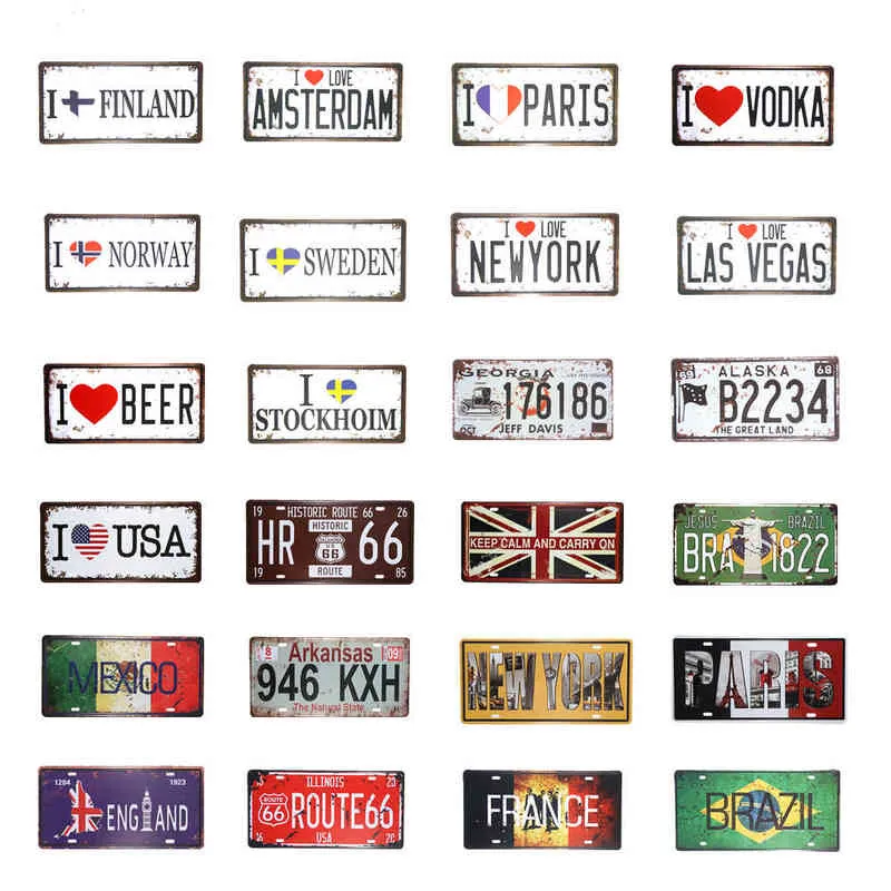 Métal Peinture Métal Tin Signes Vintage Pays Ville Nom Signe Voiture Plaques D'immatriculation Plaques Pub Café Restaurant Garage Décor Wall Sticker Affiches T220829