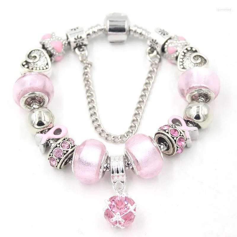 Charmarmband ankomst rosa bollpärla armband kvinnor smycken bröstcancer medvetenhet band för present bijoux pulsera