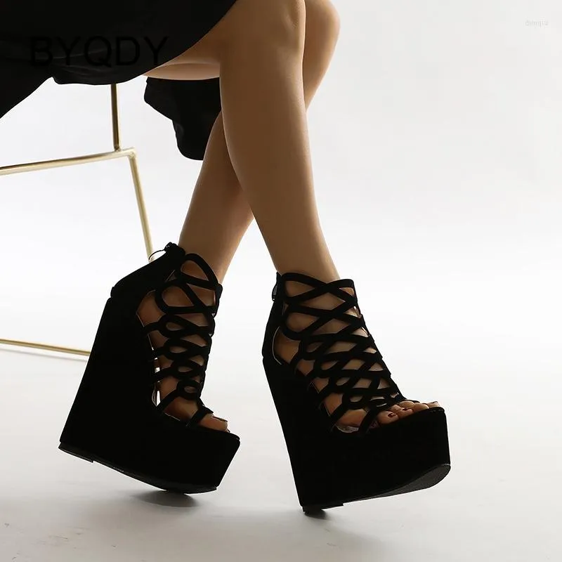 BYQDY outs Sandals Summer Cut Hollow Women Rome Open Toe Flock Cover Heel Female Wedges High Heels Lady with Zipper s