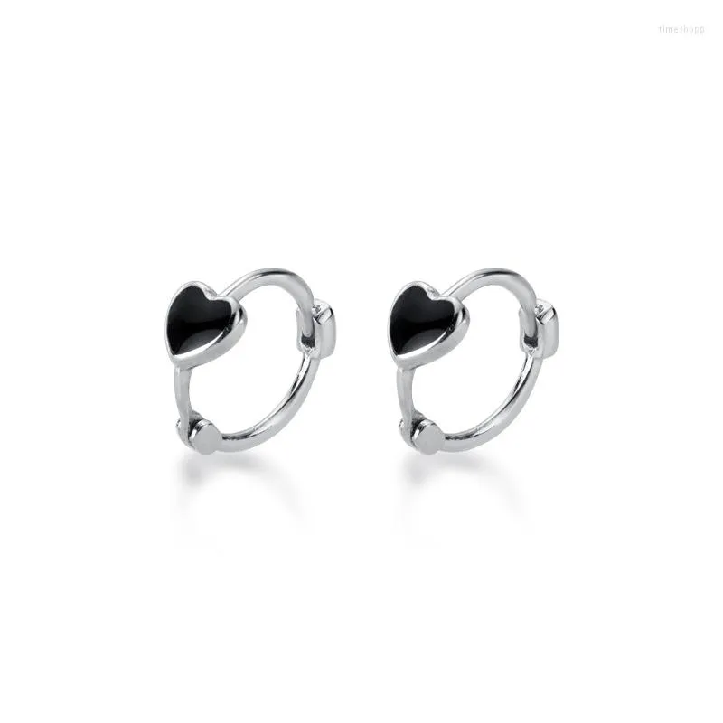 Hoopörhängen liten 11mm 100% verklig. 925 Sterling Silver Jewelry Black Emamel Heart Piercing Ear-Bone Ear Huggie C-G4974