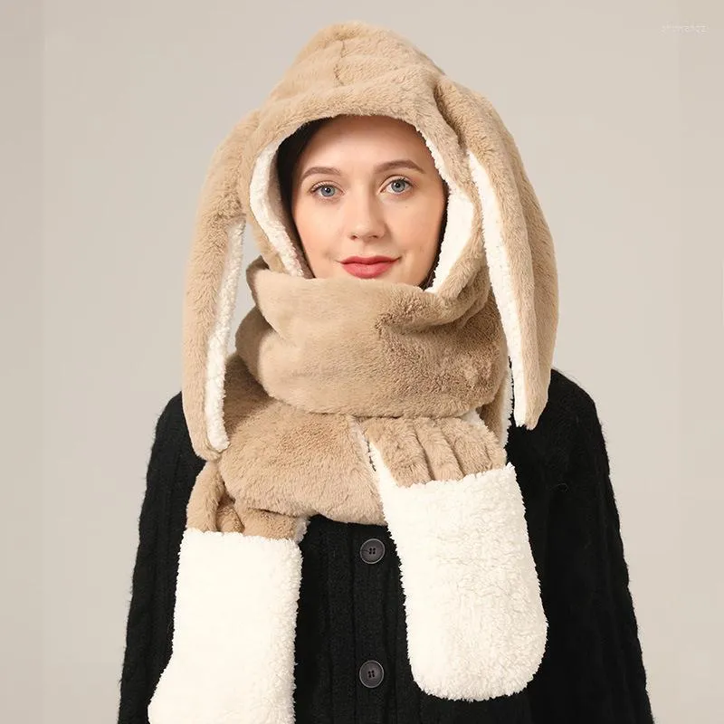 Berets Winter Women Ear One-piece Hats Casual Faux Fur Hat Women's Outdoor Warm Earflap Caps With Scarf Gloves