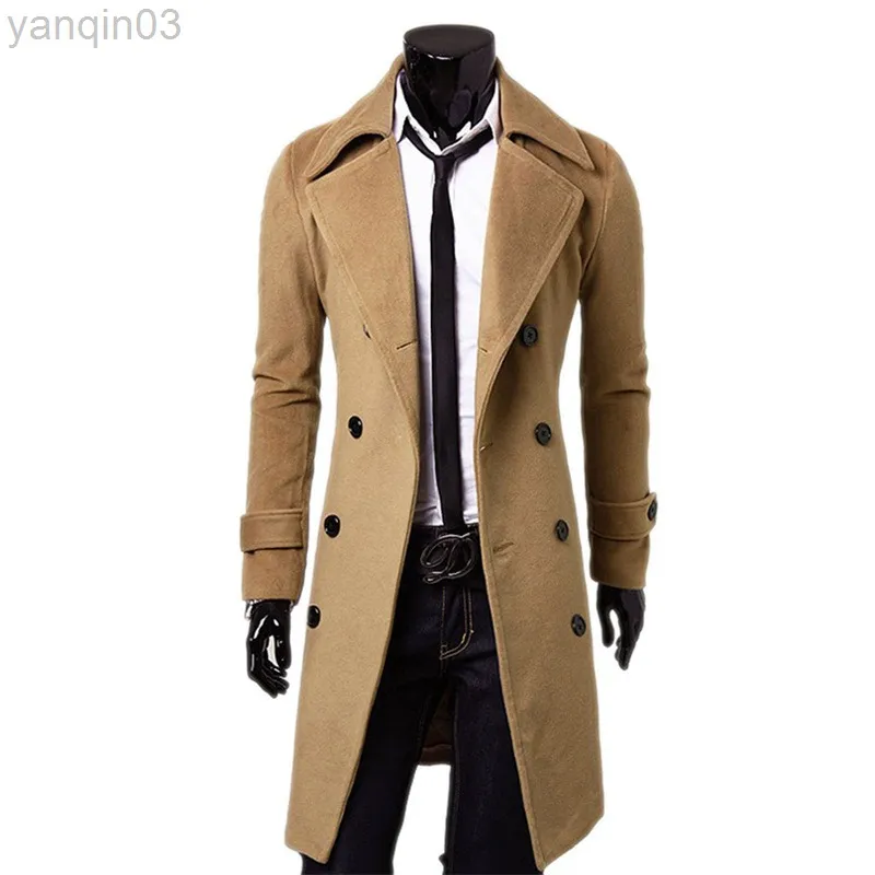 Herenpakken Blazers Men Double Breasted Trenchcoat 2022 Nieuwe wol Blend Hoogwaardige merk Fashion Casual Slim Fit Solid Color Male jas jas L220902