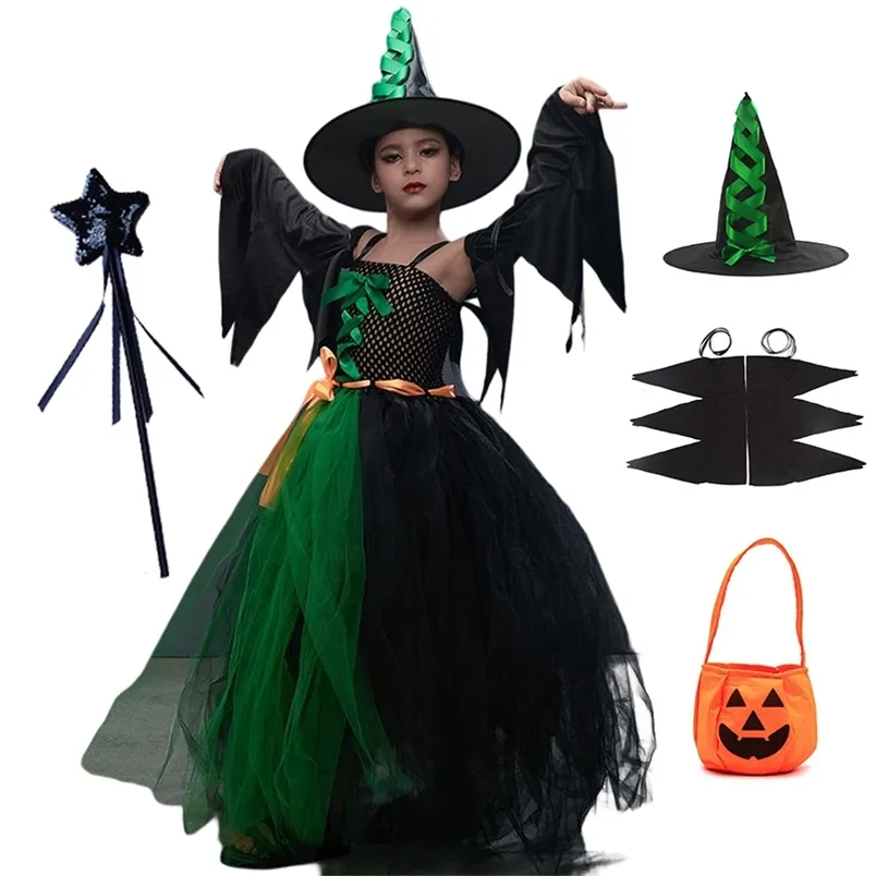 Speciale Gelegenheden Halloween Heks Kostuum voor Meisjes Jurk met Hoed Kids Fancy Gown Tutu Gewaad Gothic Party Cosplay Kleding 2-10Y 220830