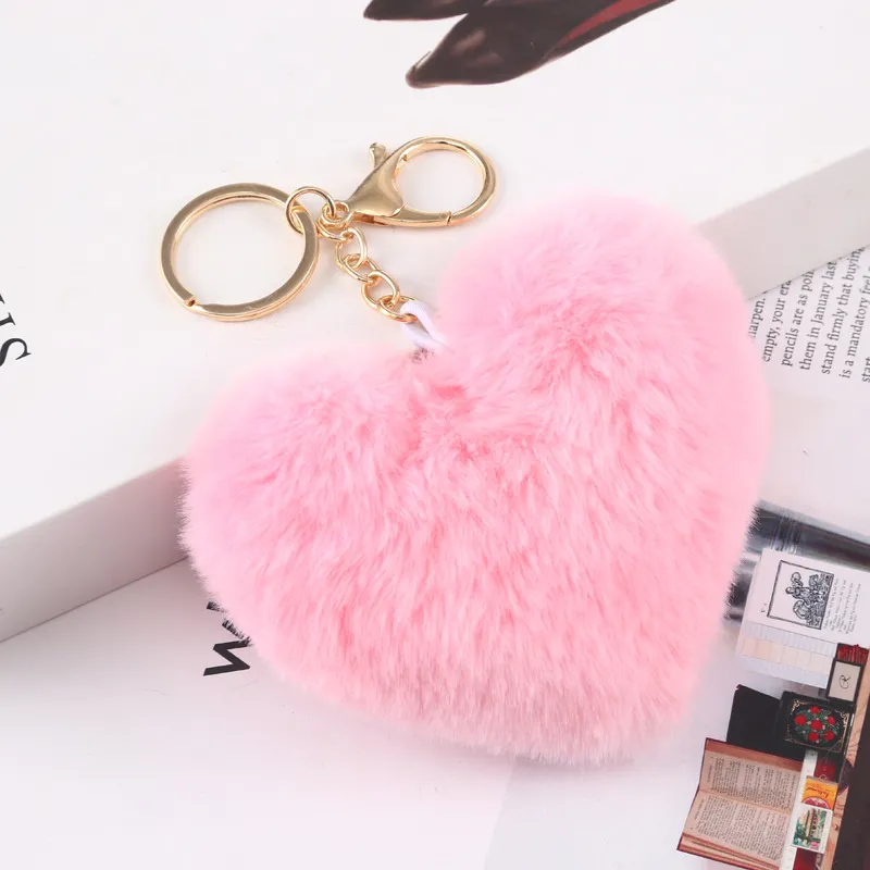 Party Favor Heart Keychain Ball Faux Fur Fluffy Key Holder Women Cute Plush Key Ring Love Gift Girlfriend Brithday