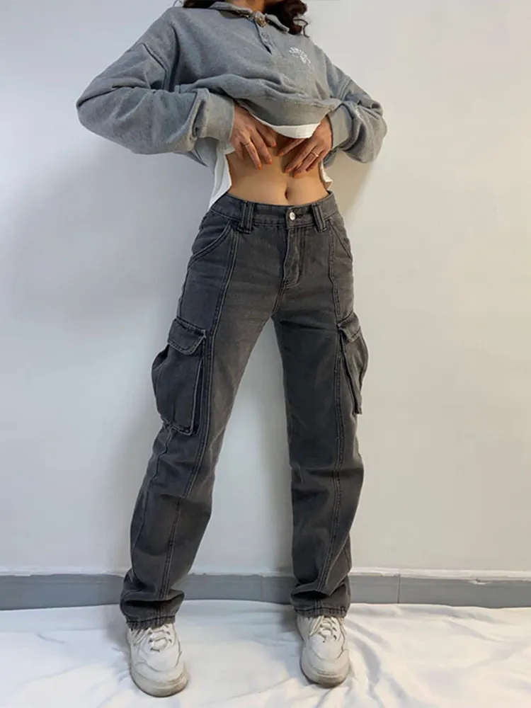 Jeans Femme Weiyao Femmes Cargo Pantalon Pantalon droit Taille haute Vintage Pantalon Streetwear Femme Mujer Multi Pocket 220830