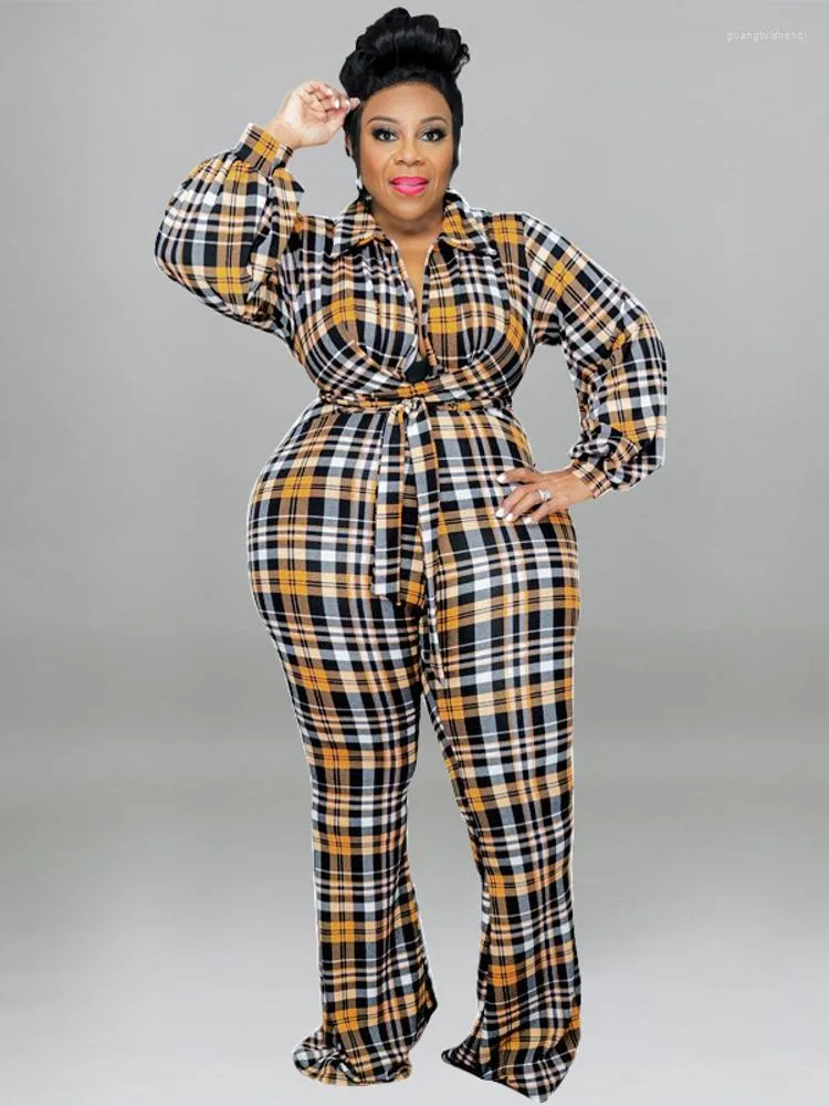 Broek plus size jumpsuits dames kleding korset hoge taille lange mouw rompers herfst plaid print casual flare jumpsuit oversize