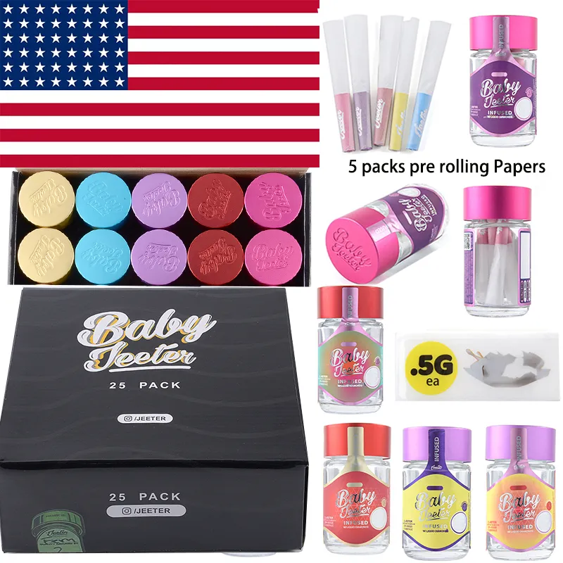USA Stock Baby Jeeter E Cig Accessories Infused Prerolls Empty Bottle 5 packs pre rolling Papers Glass Tank Jar Container Clear Round Box 16 Strains Accessories