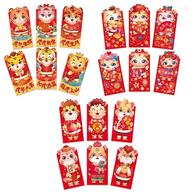 Emballage cadeau 6 pièces 2022 zodiaque chinois année rouge enveloppes mignon dessin animé tigre Animal imprimé chanceux Festival argent poches fournitures