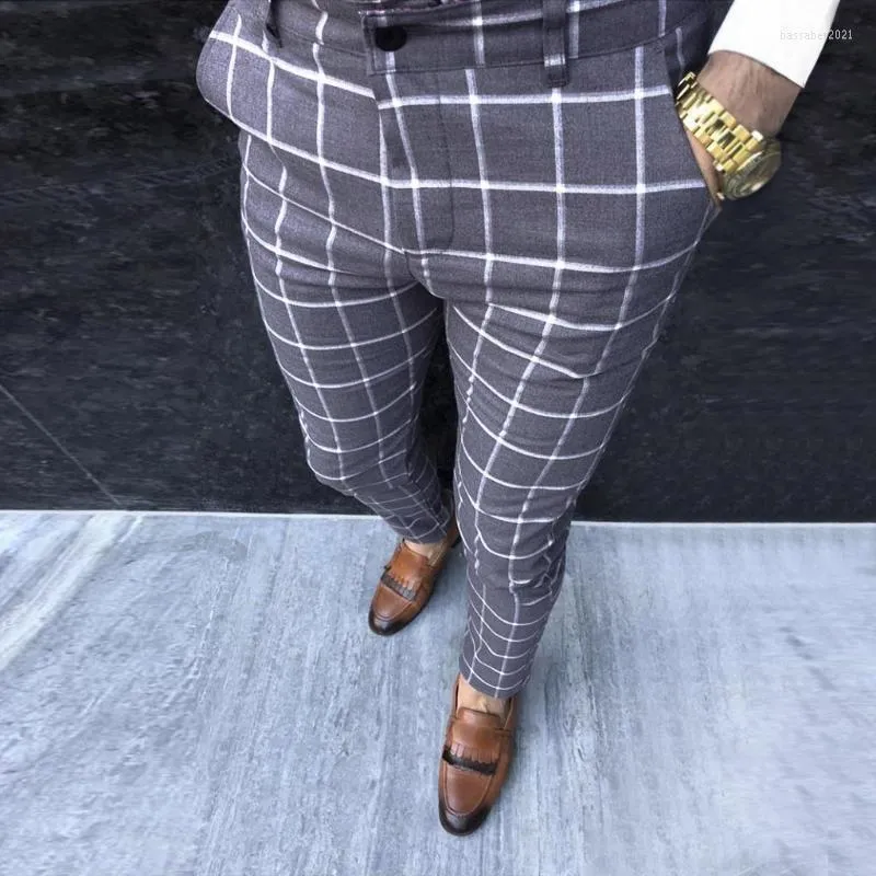 남자 바지 청바지 남성용 패션 캐주얼 비즈니스 슬림 한 딱지 격자 무늬 프린트 지퍼 긴 바지