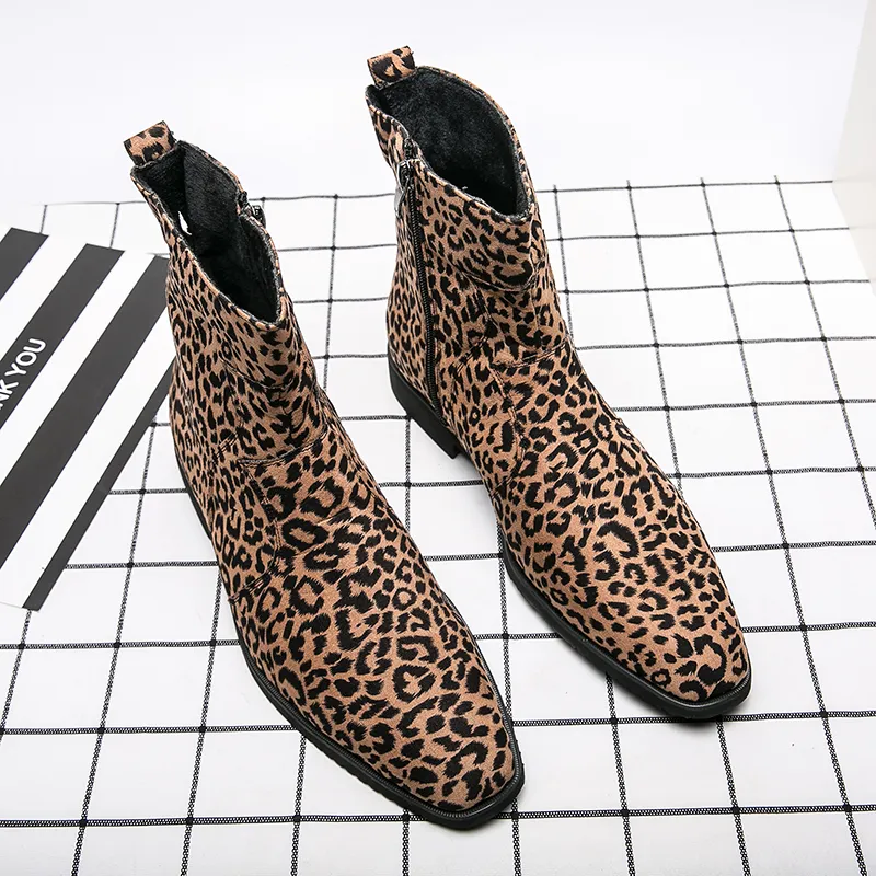 British Boots Men Shoes Personality Leopard Print Faux Suede Square Head Side Zipper Fashion Casual Street All-match AD026