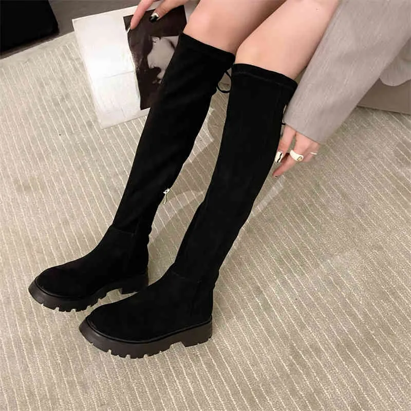 Women Boots Leather Shoes الخريف الشتاء الجديد فخذ الفخذ القاع المرتفع أحذية الكعب حجم 35-40 220830