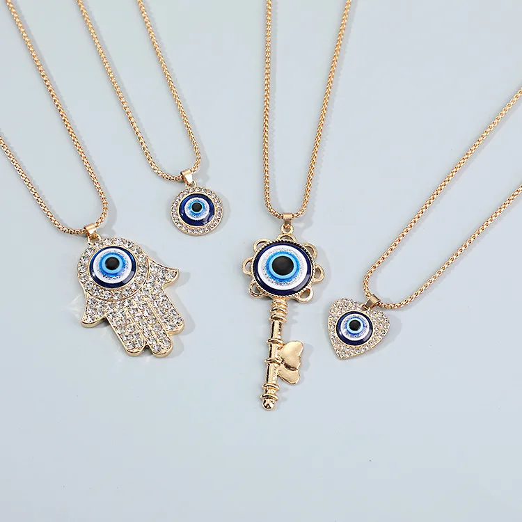 S3174 Modeschmuck Geometrische Evil Eye Anhänger Halskette Fatima Herz Schlüssel Strass Blaue Augen Halsketten