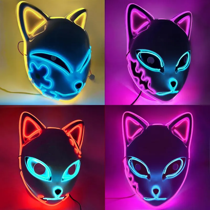 2022 LED Glowing Cat Face Mask Cool Cosplay Neon Demon Slayer Fox Masks For Birthday Gift Carnival Party Masquerade Halloween