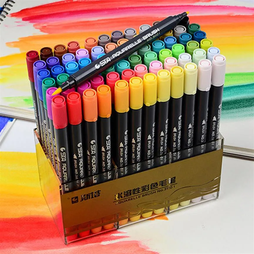 STA Dual Brush Water Art Marker Ats مع Tip Fineliner Tip 12 24 36 48 Color Set Matercolor Soft Softs for Artists Drawing Y200709246U