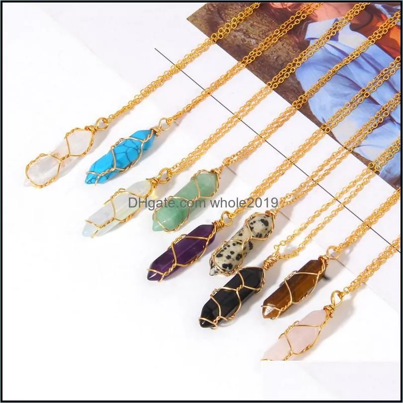 Hänghalsband guld reiki helande smycken hexagonal crystal stenhalsband tråd wrap stenar roskvartz pendum chakra dhseller2010 dh2me