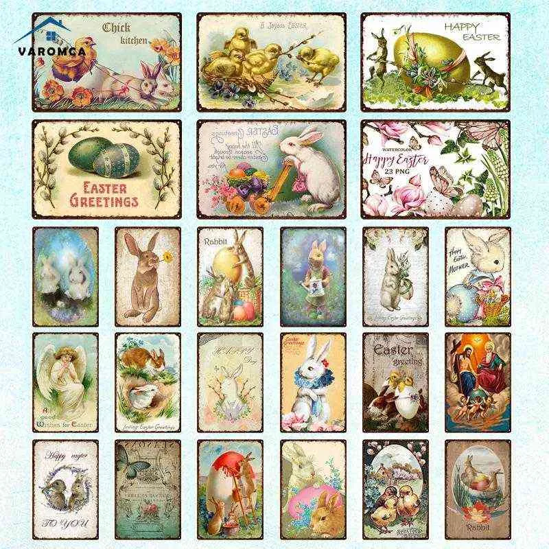 Peinture sur métal Joyeuses Pâques Affiches en métal Plaque de lapin de Pâques Signe Affiches en métal Vintage Home Shabby Tin Sign Chambre Plaques murales Décor T220829