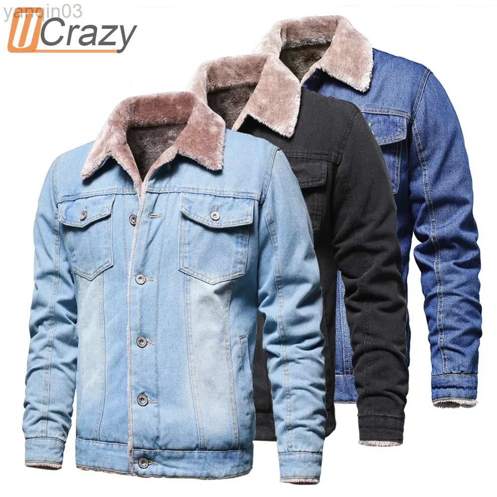 Men's Jackets 2021 Autumn Winter Classic Thick Warm Fleece Denim Outfit Outfits Vintage Motor Jeans plus 2XL L220830