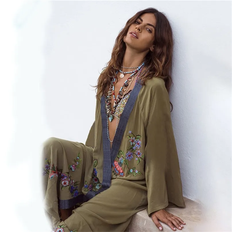 Casual jurken Vestidos Boho Hippie Chic Vintage Floral Embroidery Cardigan Beach Trip Kimono Pareo Lange Mouw Cape Cover Maxi Dress 220830