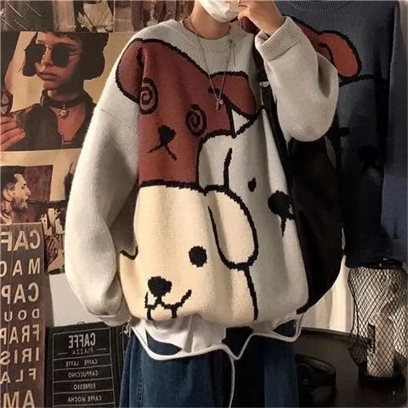 Hommes chandails YlSHioo Harajuku dessin animé ours Vintage hiver chaud épais tricoté pulls Couples Hip Hop vêtements 220830