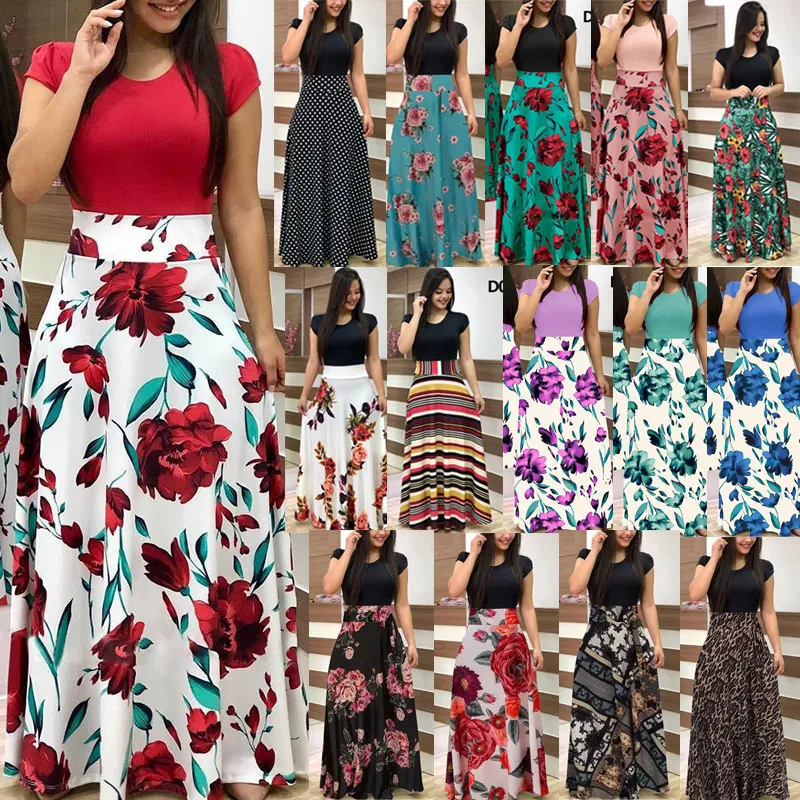 Повседневные платья Maxi vestidos de Mujer Casual Hoots Summer Women's Floral Print Colorblock с коротким рукавом длинные платья плюс S-5XL 220829