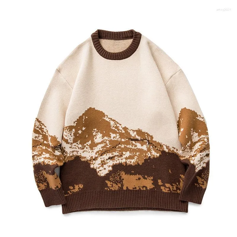 Men's Sweaters 2022 Korean Fashion Snow Mountain Print Vintage Knitted Sweater Men Streetwear Casual Kpop Pullovers Couples Knitwear Pull