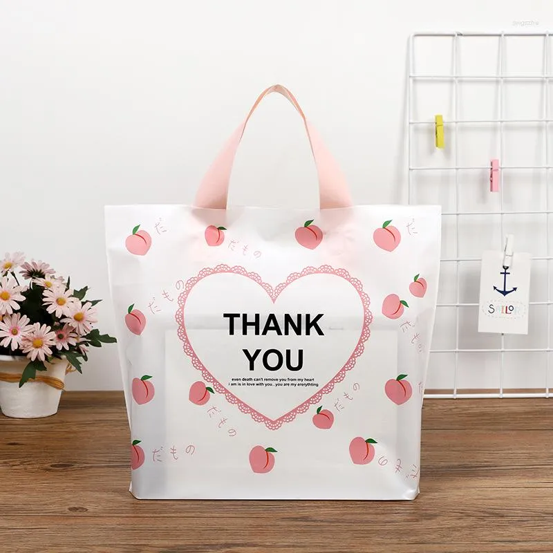 Enveloppe cadeau 30x25x6cm Peach "Merci '' Impression épaisse grande sac d'emballage de vêtements de magasinage en plastique avec poignée 10pcs