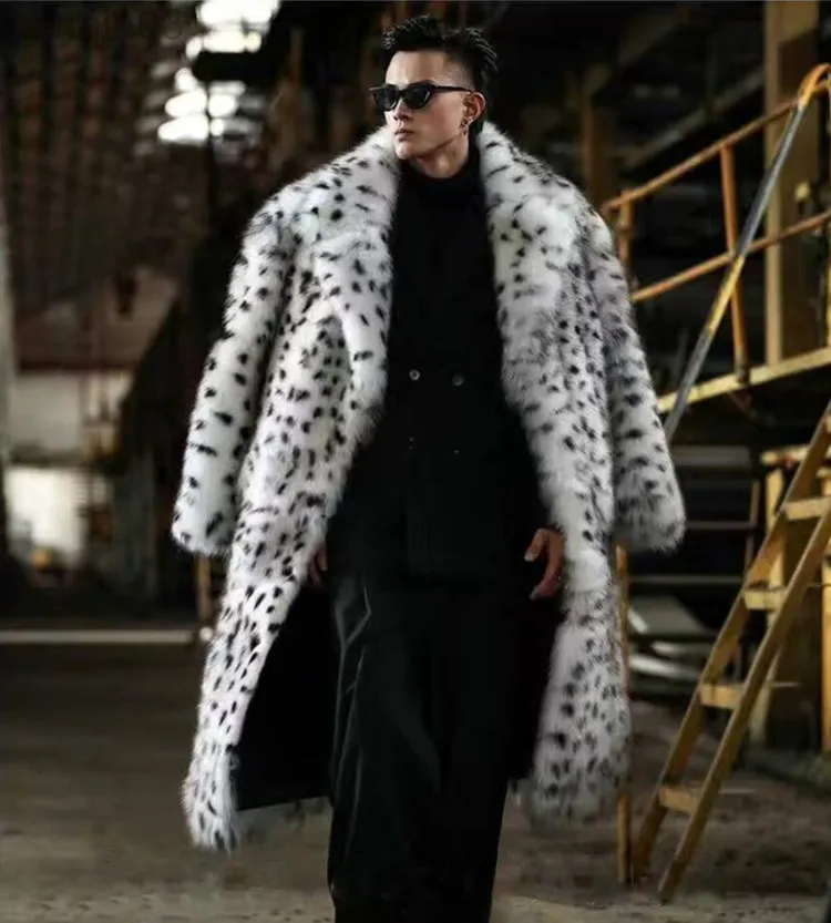 Casaco de homem comprido com estampa de leopardo integrado gola imitação de pele masculina inverno quente L220830