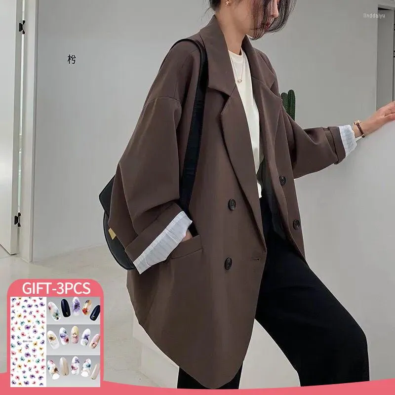 Frauenanzüge Blazer Frauen lose elegante retro koreanische Modeblaser Lady Minimalist Solid Outwear High Street All-Match Double Breasted