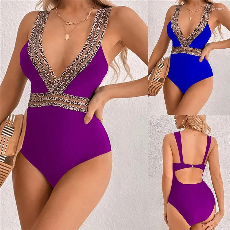 Maillots de bain pour femmes Bikini sexy pour femmes imprimé léopard lambrissé col en V profond coupe ajustée maillot de bain d'été violet/bleu S/M/L/XL