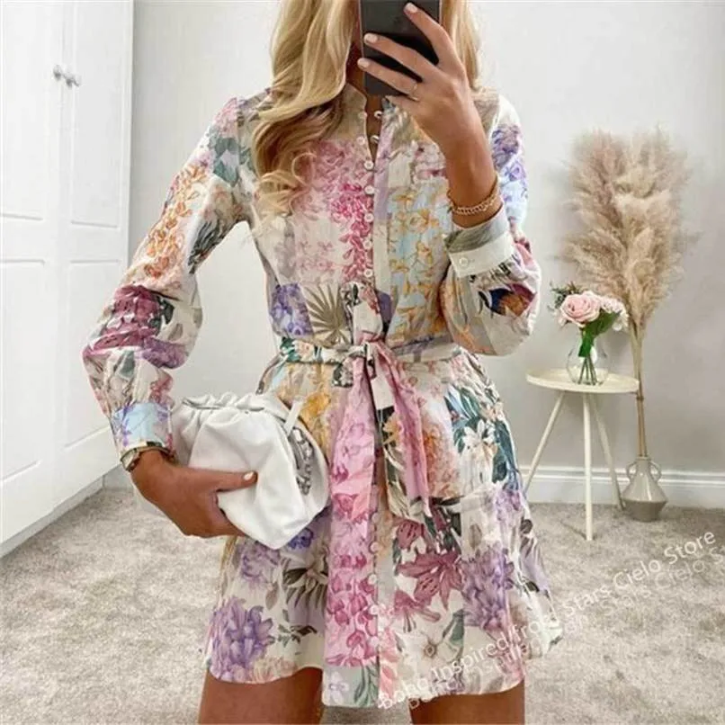 Casual Dresses Boho Inspired Multicolored Floral Print Summer Dress Women Knappar Down Belted Long Sleeve Woman Dress Elegant Ladies Dress 0830