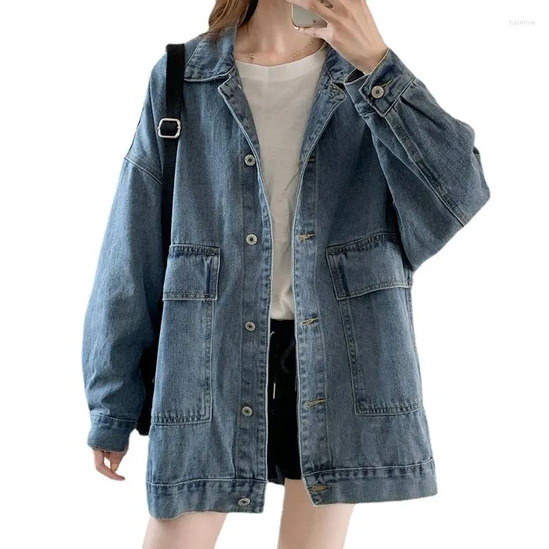 Jacket Jacket Jackets Spring feminina Spring Loose de manga longa de colarinho de colarinho de gola superior Cardigan Pure Pure Cotton Big Pocket Pocket