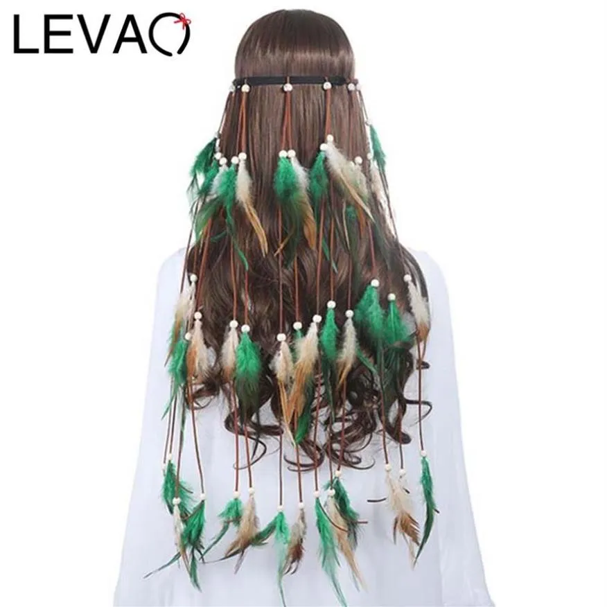 إكسسوارات الشعر Levao 2021 Girls Black Feather Hairbands for Women Festival Bohemian Style Beadbands Rope Headwear Hippie2514