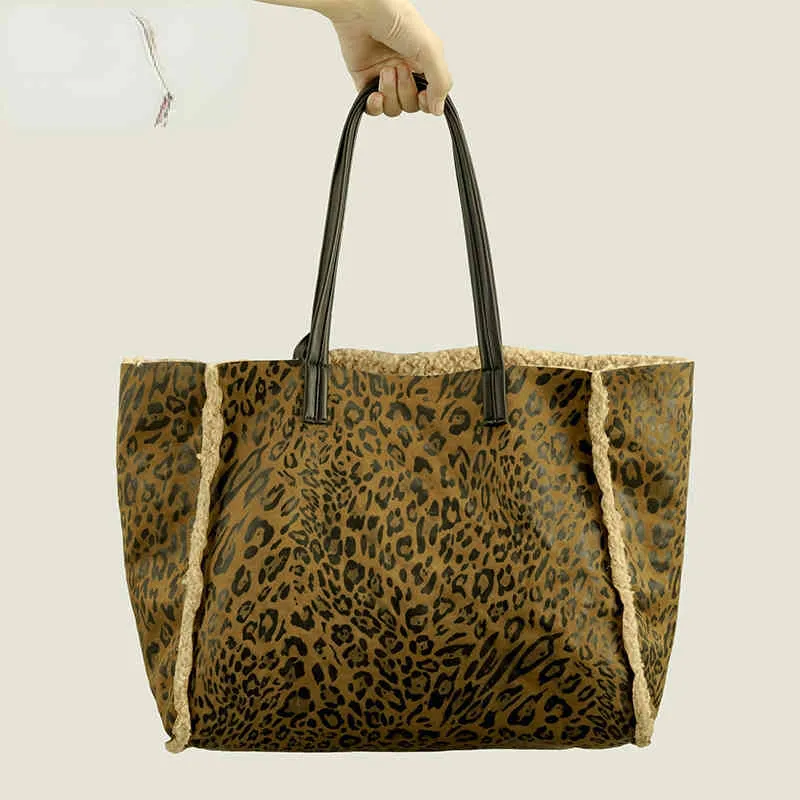 HBP Totes Abendtaschen Herbst Winter Woolen Leopard Print Einkaufstasche Weibliche Pelz Eine Schulter Tasche Lamm Pelz Innen Handtasche 220830